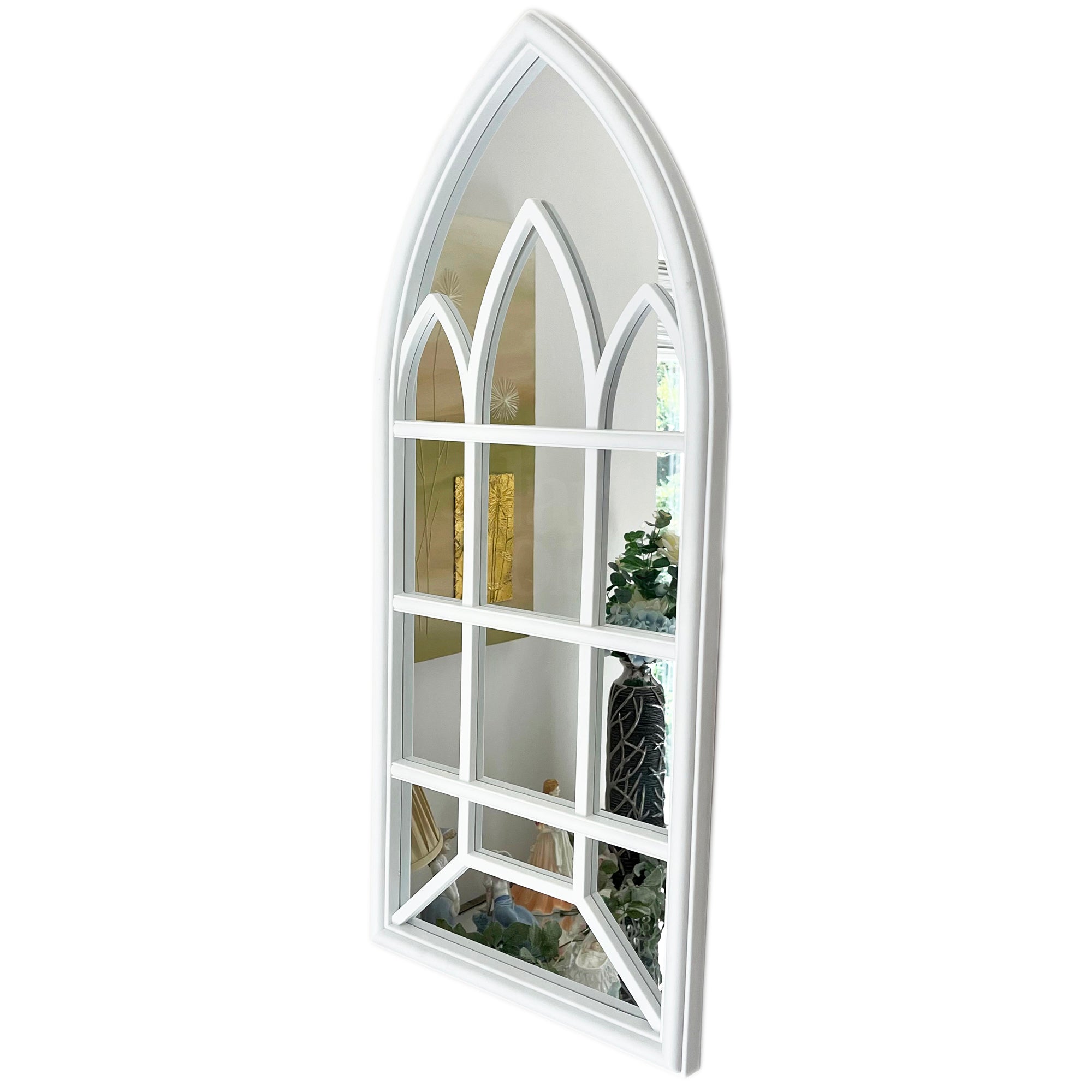 Weißer gotischer Bogenfensterspiegel, 70 cm