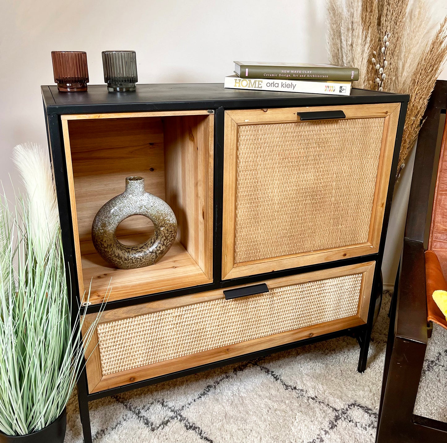 Industrial Vintage Metal & Woven Rattan Sideboard Cabinet