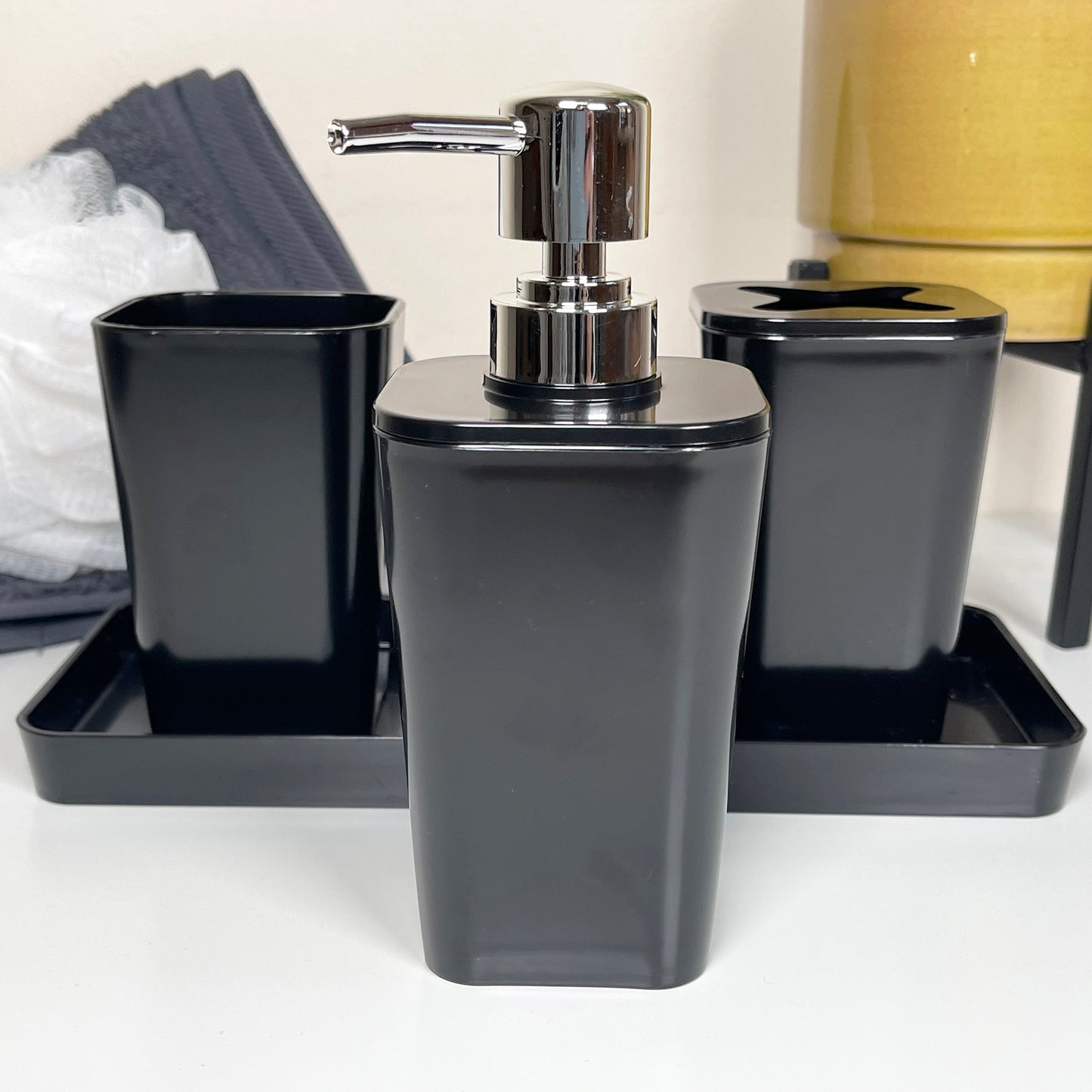 4pc Glossy Black Bathroom Accessory Set