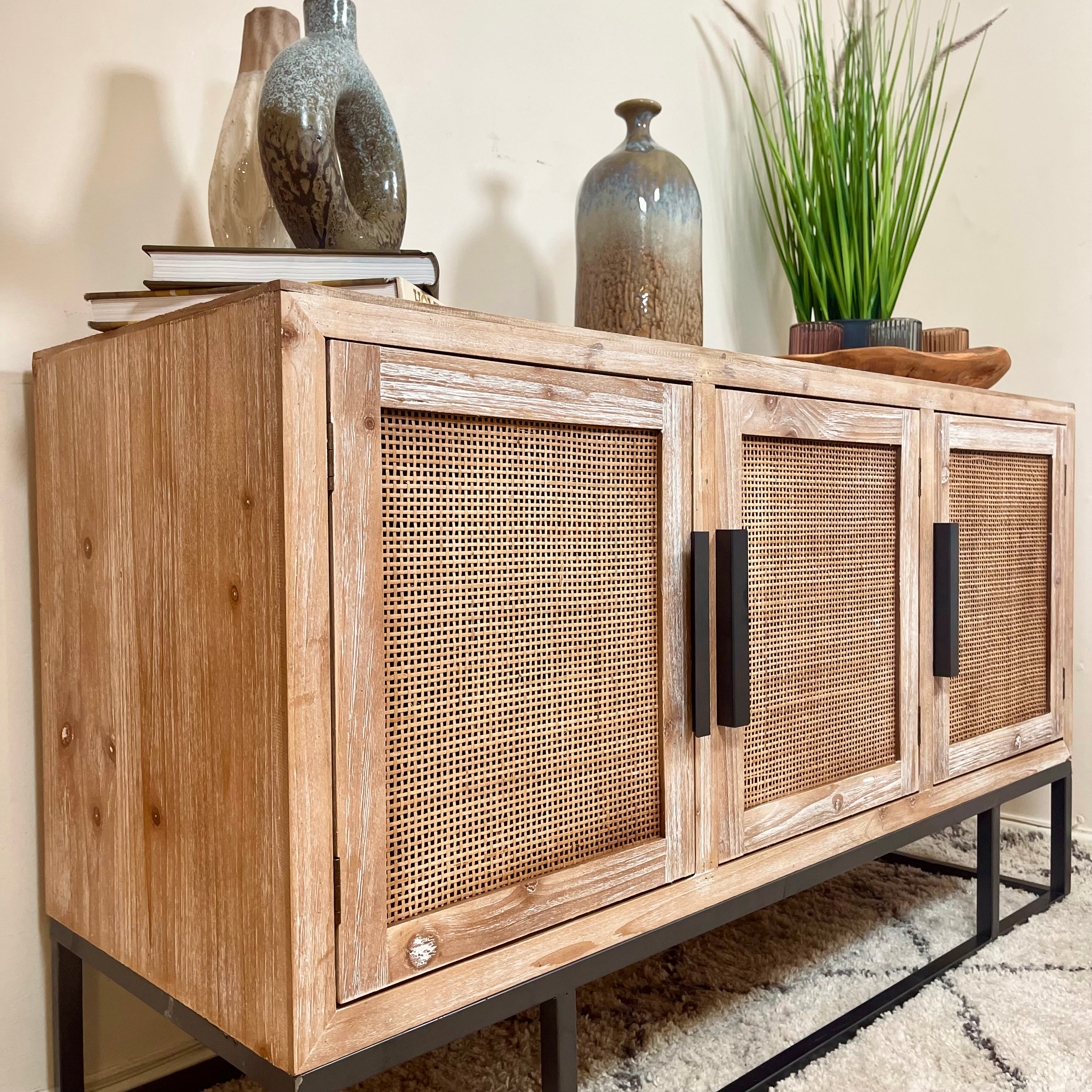 Vintage Wood Sideboard With Rattan Doors