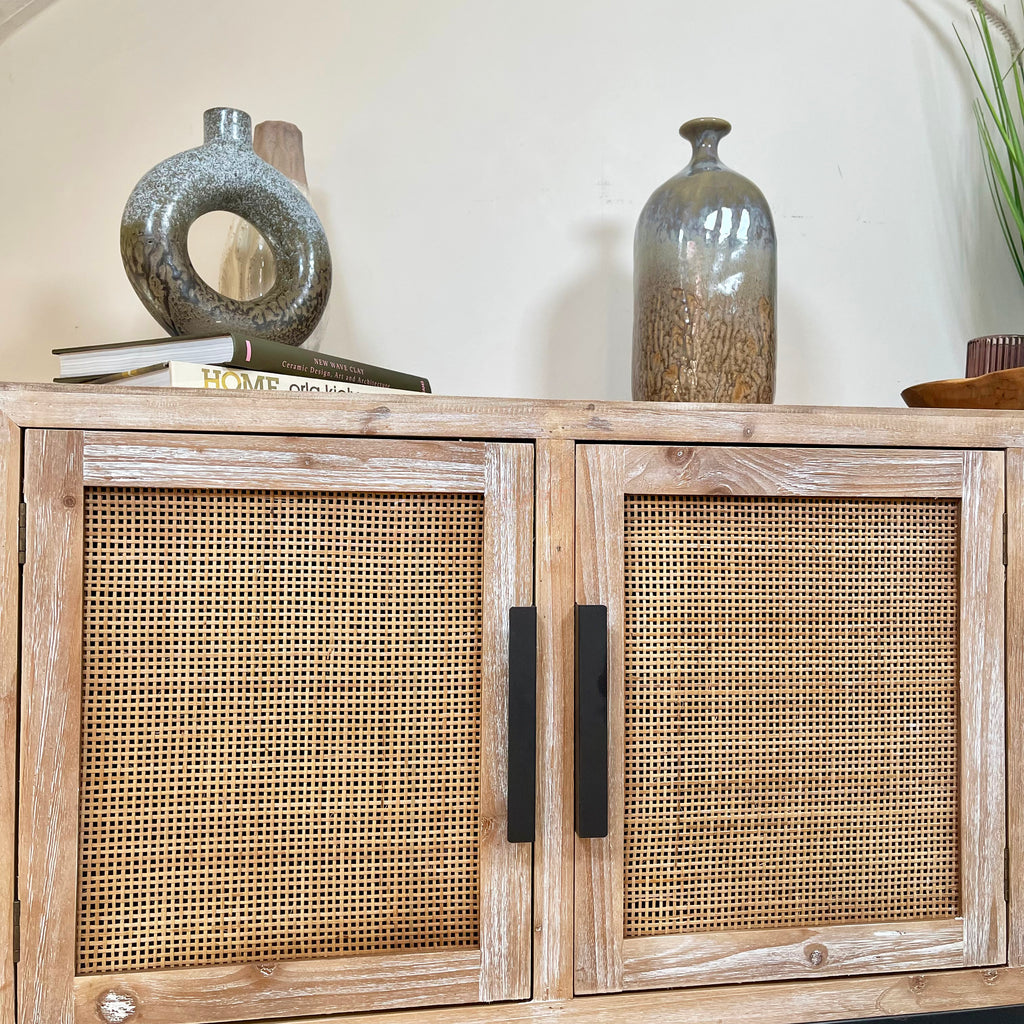 Vintage Wood Sideboard With Rattan Doors