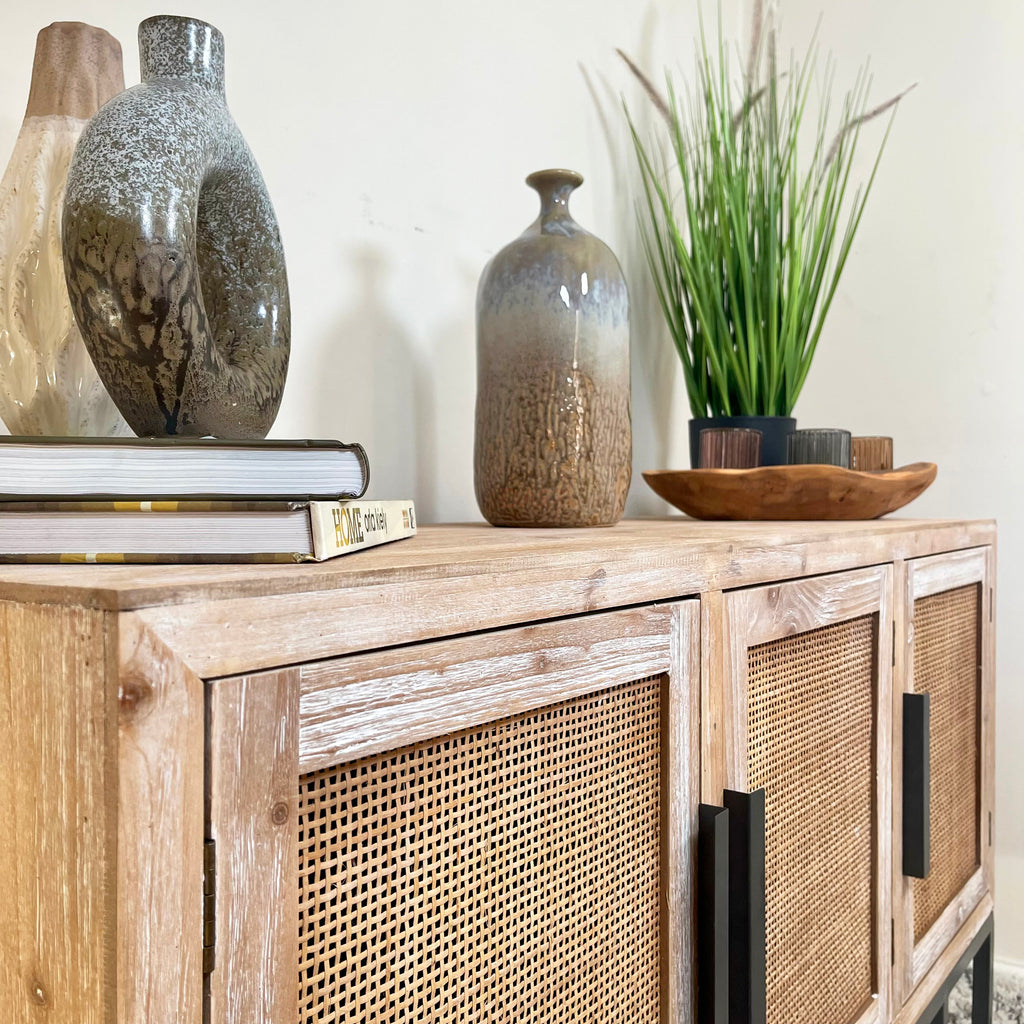Vintage Wood Sideboard With Rattan Doors
