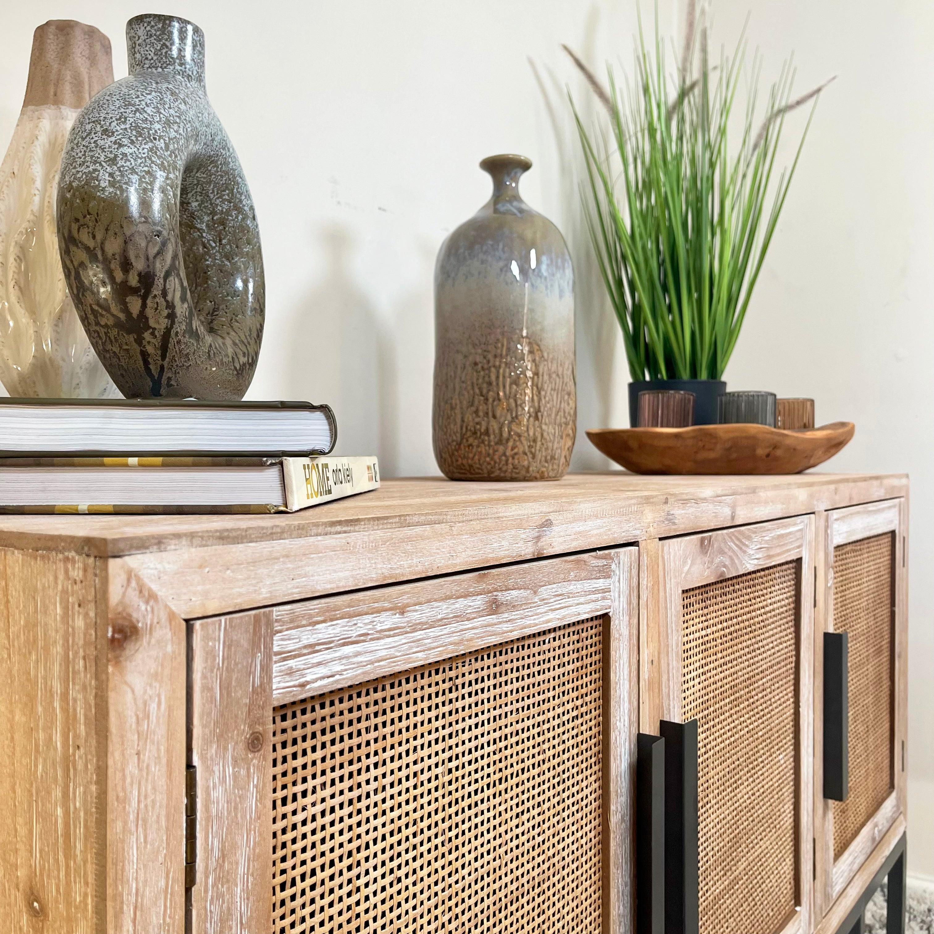 Vintage Wood Sideboard With Rattan Doors