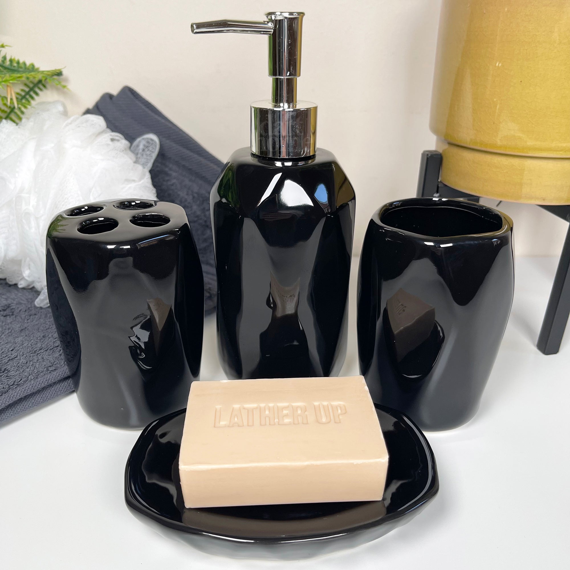 4 Piece Black Geometric Bathroom Accessory Set