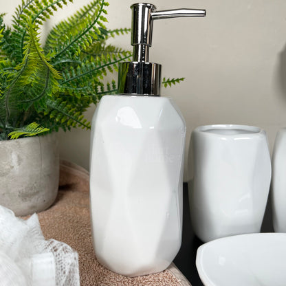 4 Piece White Geometric Bathroom Accessory Set