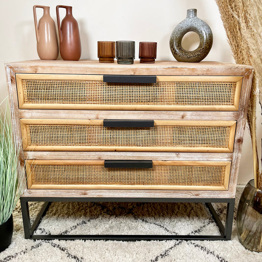 Vintage Wood & Rattan Chest Of Drawers