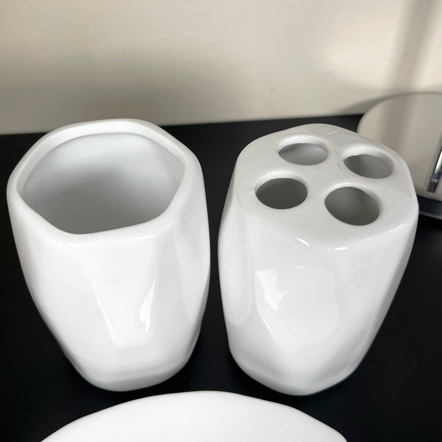 4 Piece White Geometric Bathroom Accessory Set