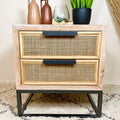 Vintage 70s Style Fir Wood Rattan 2 Drawer Bedside Cabinet