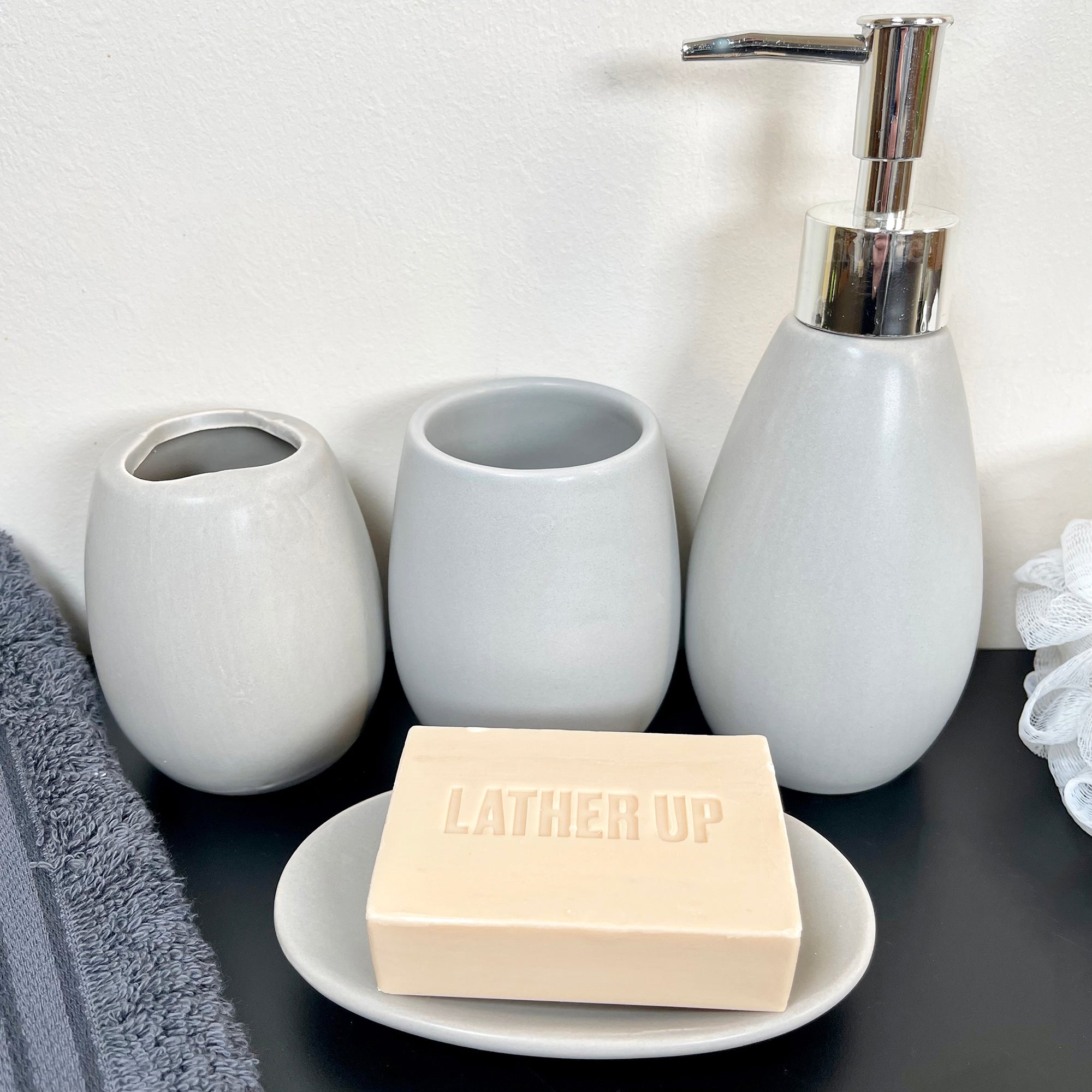 Pastel Grey 4 Piece Bathroom Accessory Set
