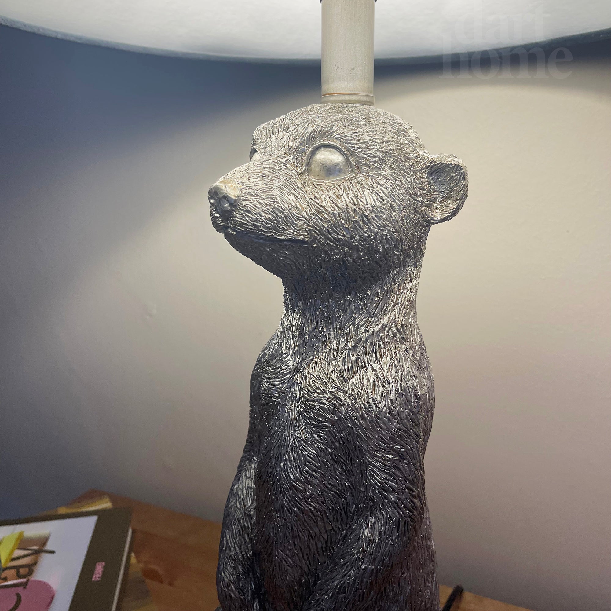 Silver Meerkat Table Lamp With Blue Velvet Drum Shade