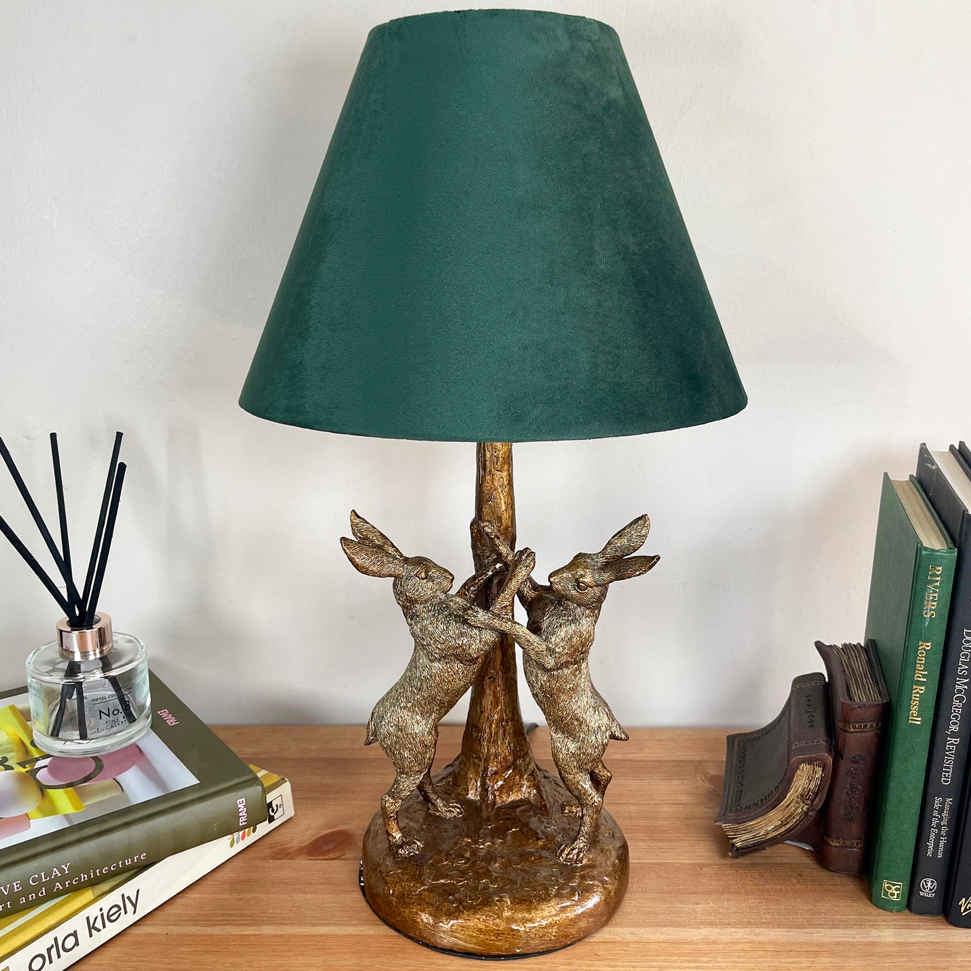 Gold Marching Hares Lamp With Green Velvet Shade