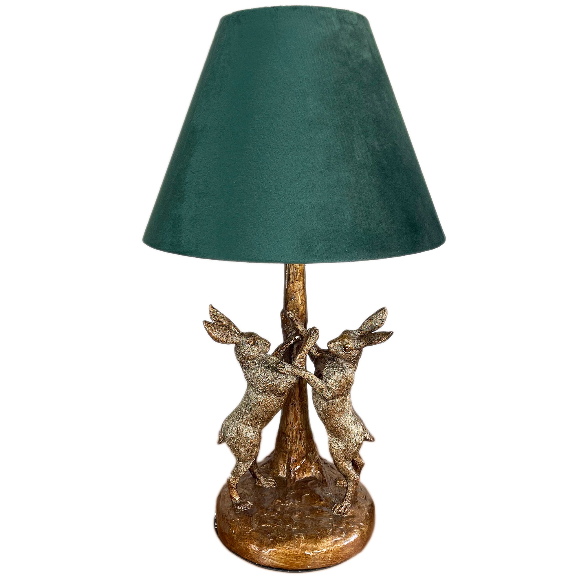 Gold Marching Hares Lamp With Green Velvet Shade