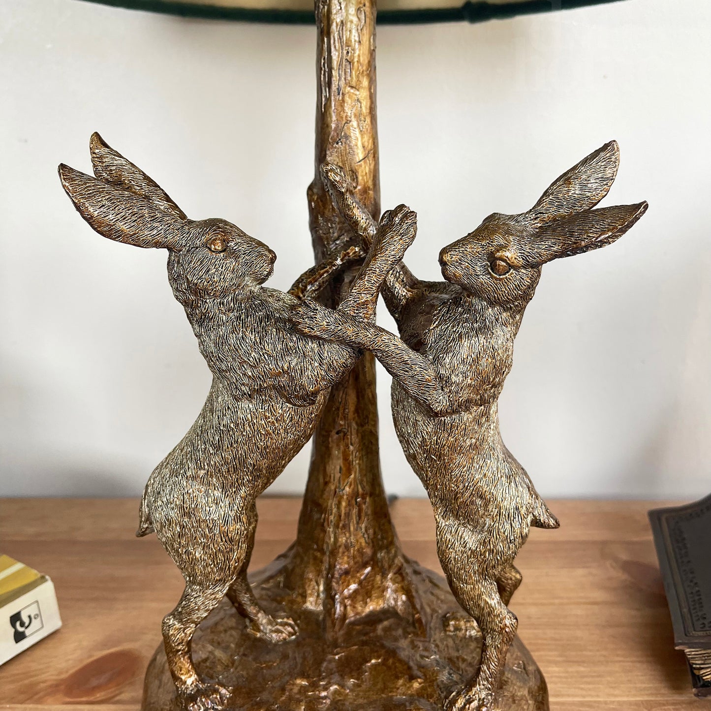 Gold Marching Hares Lamp With Green Velvet Shade