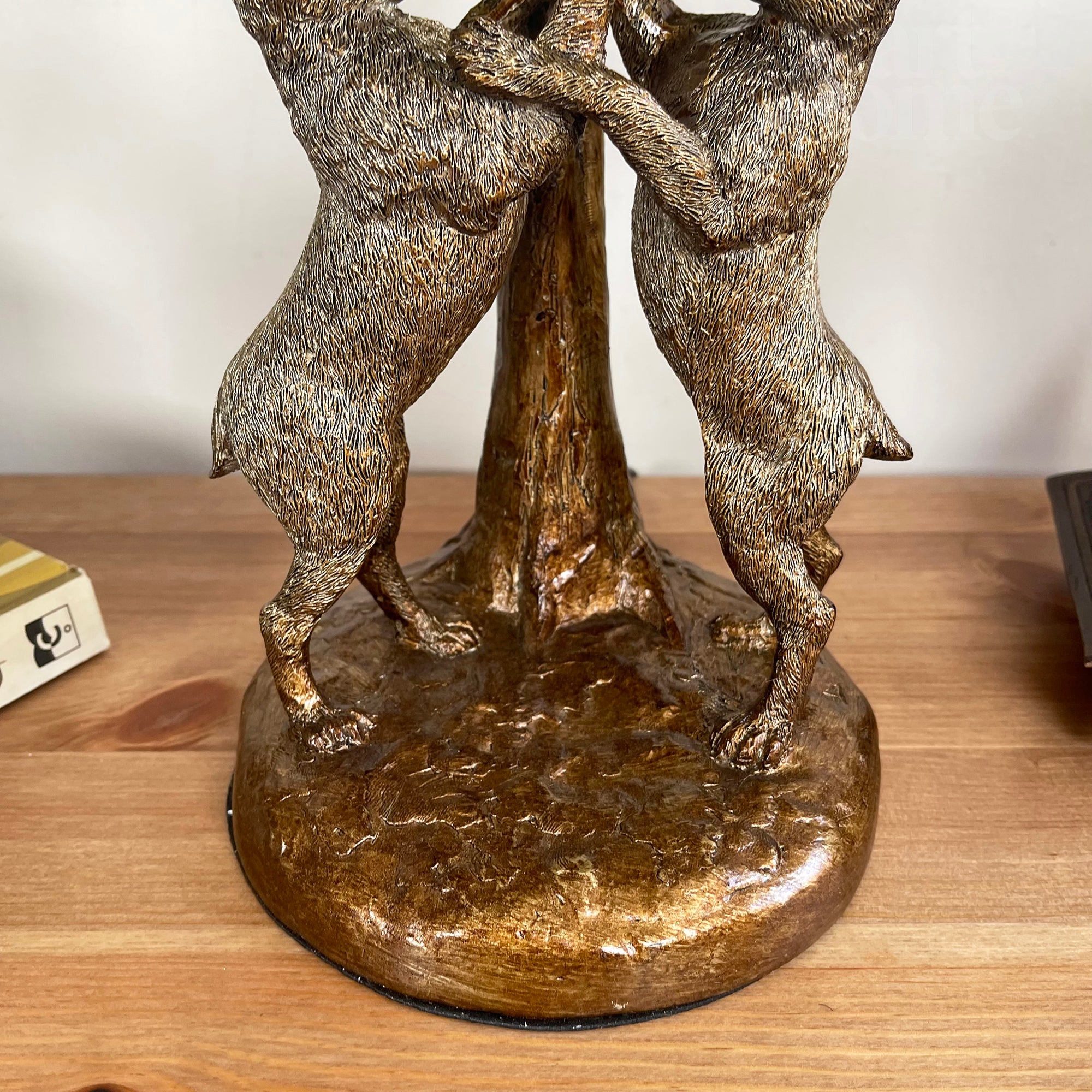 Gold Marching Hares Lamp With Green Velvet Shade