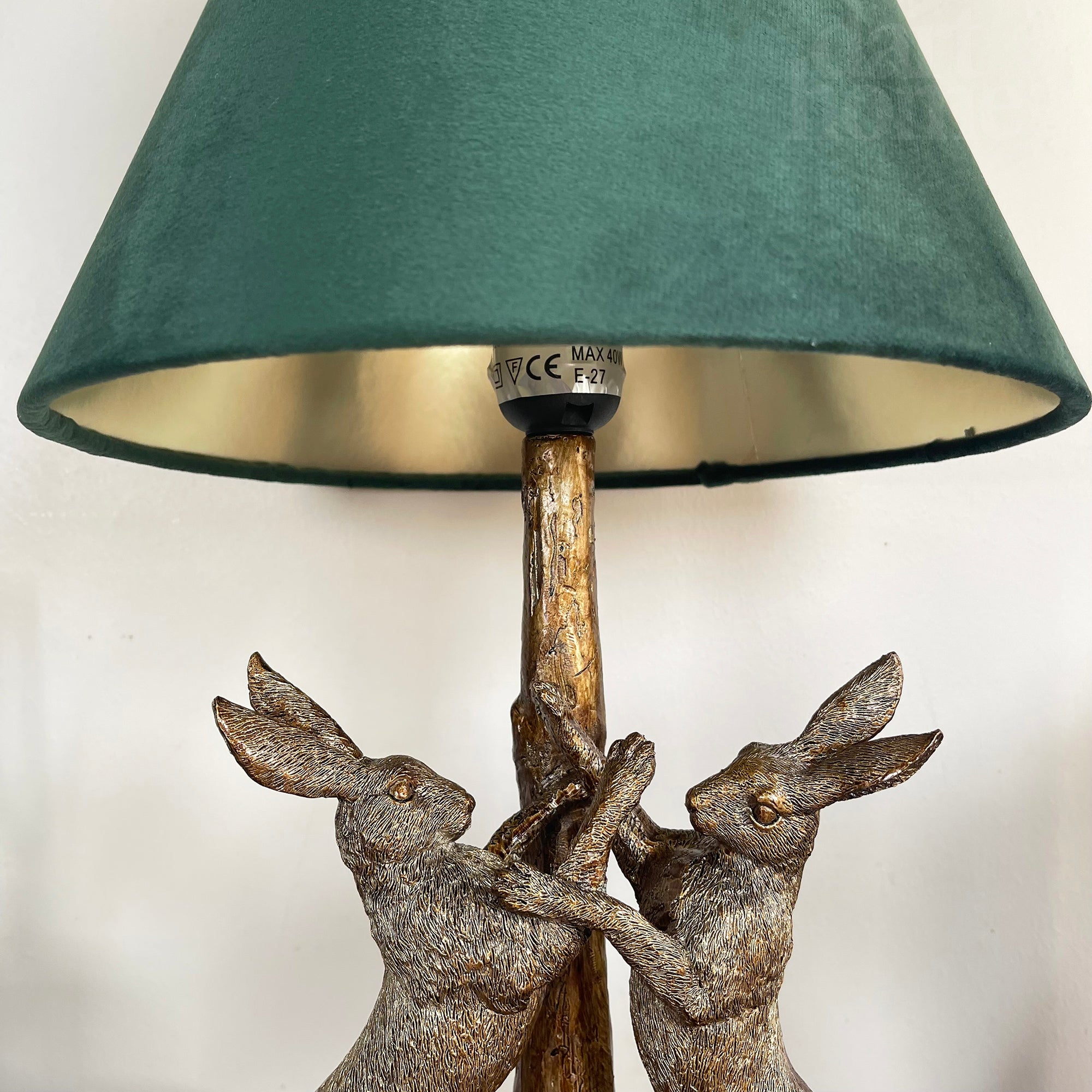 Gold Marching Hares Lamp With Green Velvet Shade