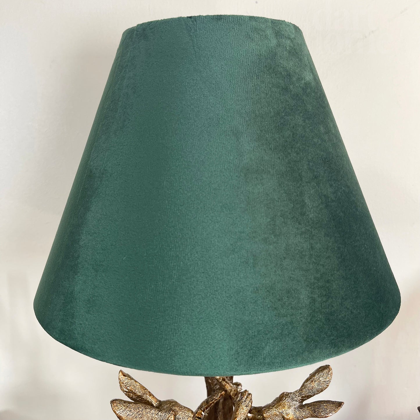 Gold Marching Hares Lamp With Green Velvet Shade