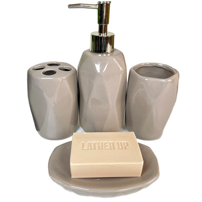 4-teiliges Badezimmer-Accessoire-Set mit geometrischem Muster in Taupe