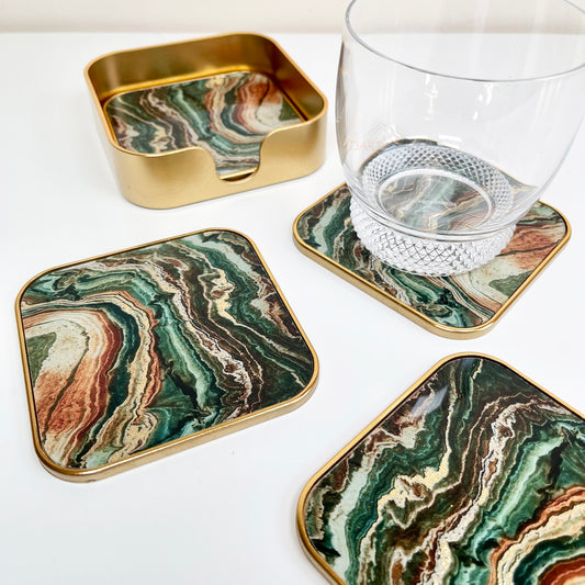 4x Green Molten Lava Glass Square Coaster Set 10cm