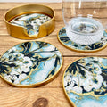 4x Blue & Gold Flower Glass Round Coaster Set