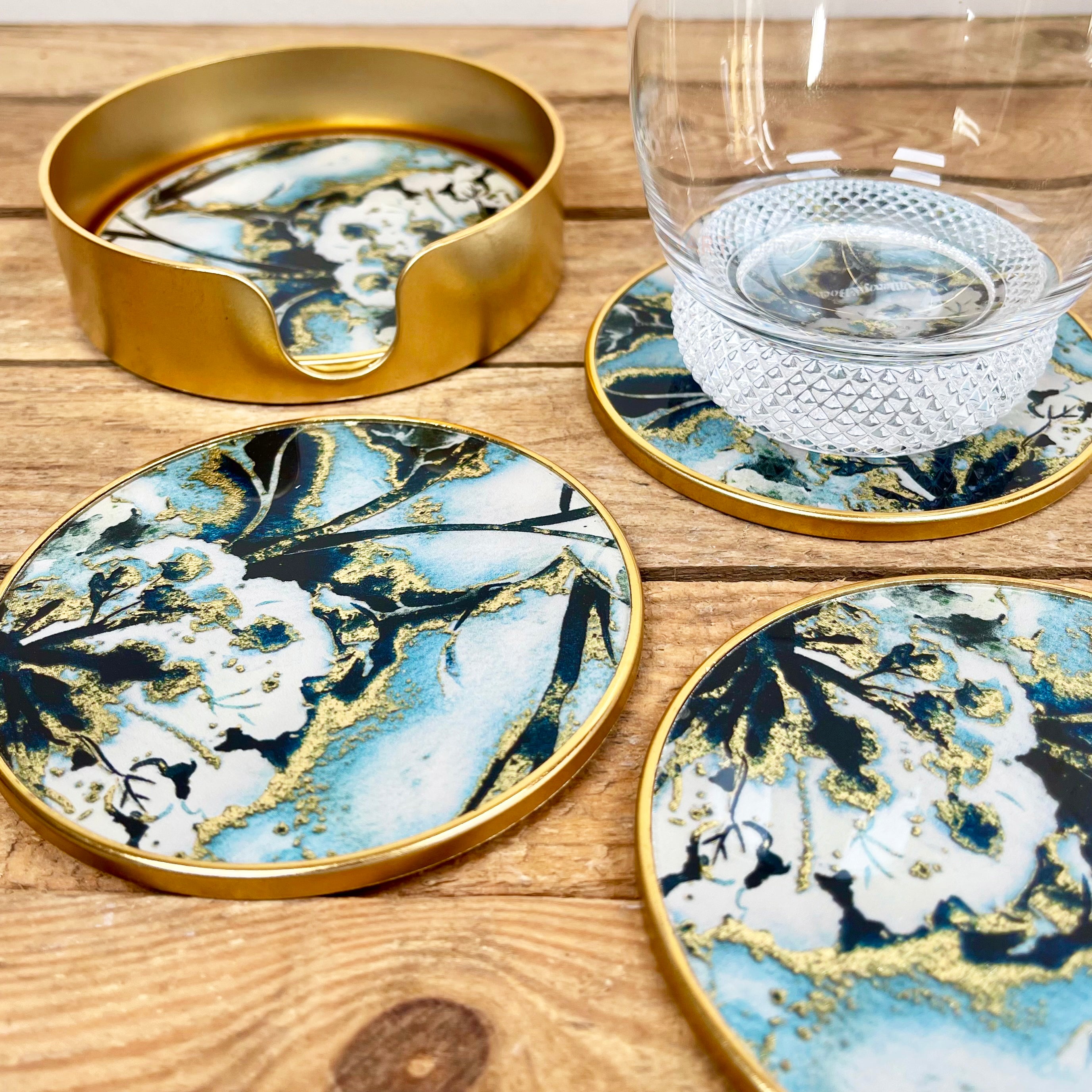 4x Blue & Gold Flower Glass Round Coaster Set