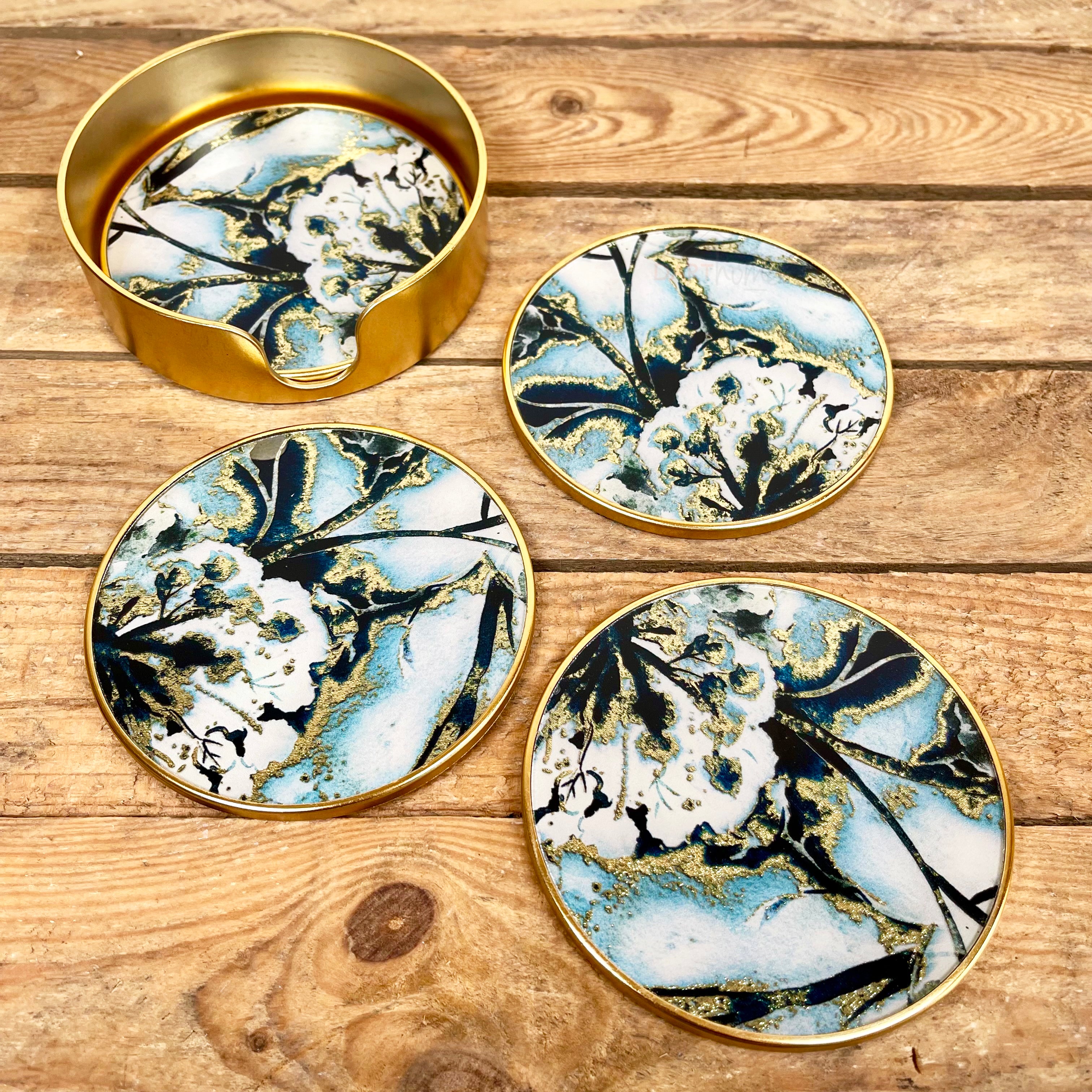 4x Blue & Gold Flower Glass Round Coaster Set