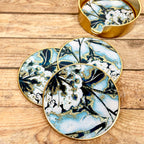 4x blaues und goldenes Blumen-Glasuntersetzer-Set