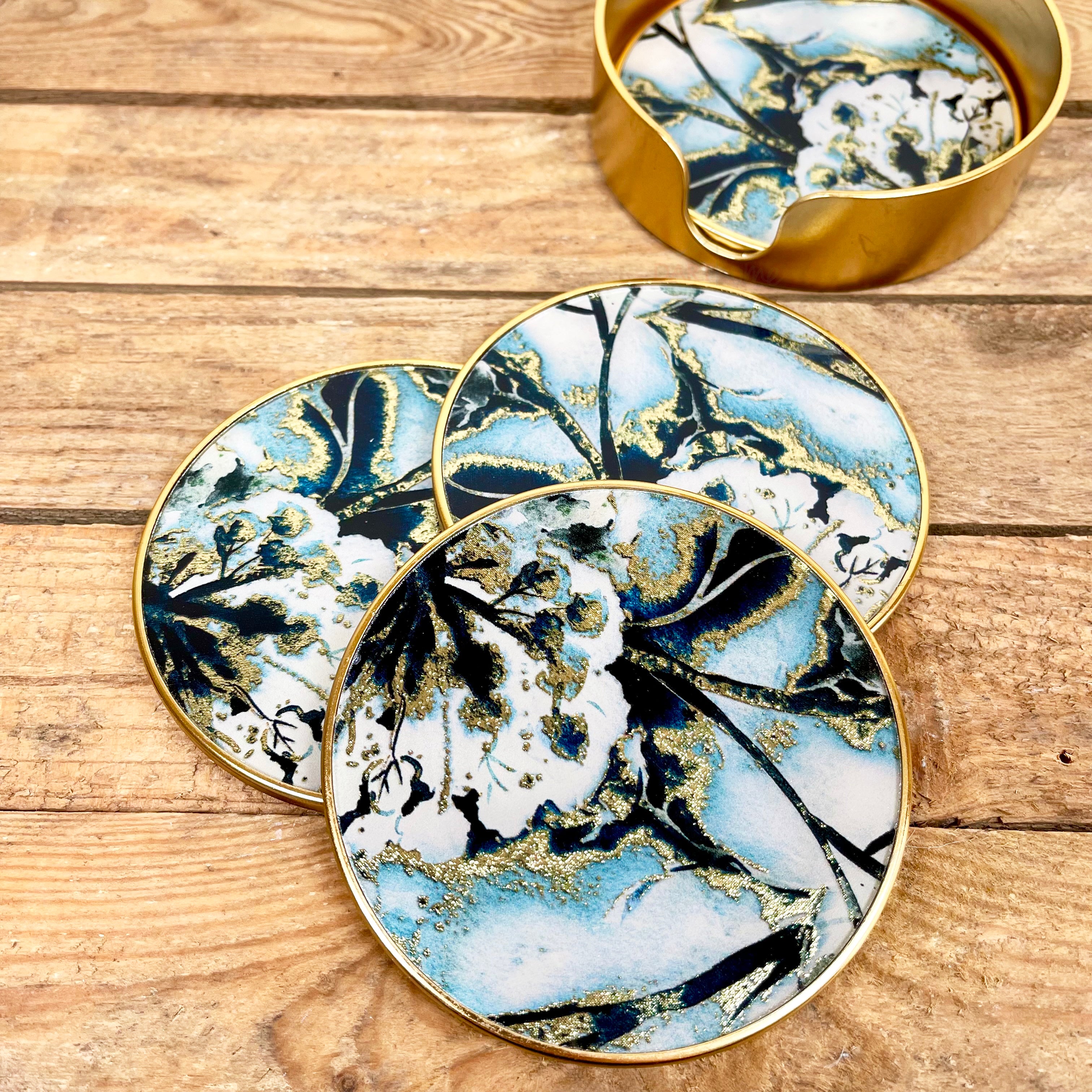 4x Blue & Gold Flower Glass Round Coaster Set