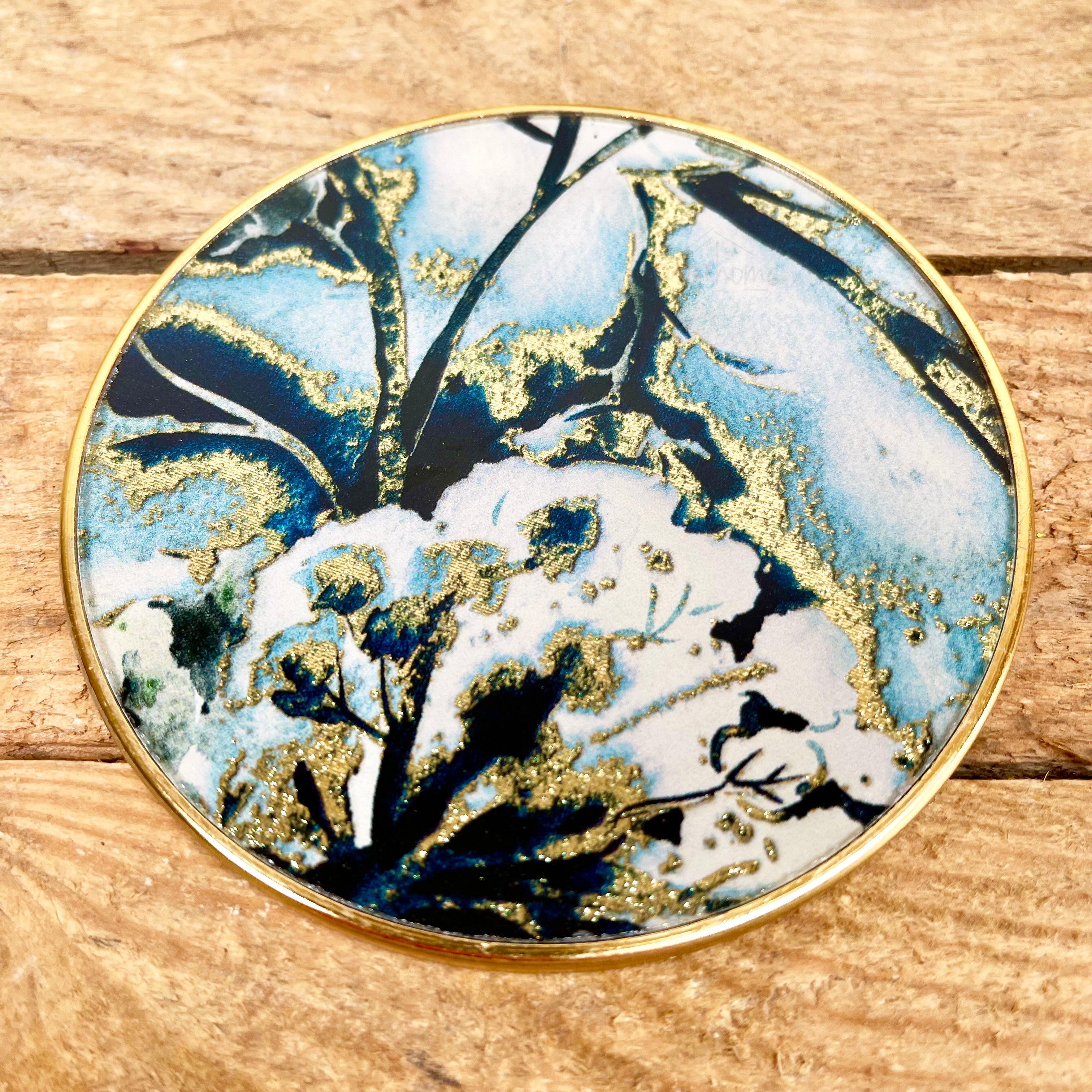 4x Blue & Gold Flower Glass Round Coaster Set