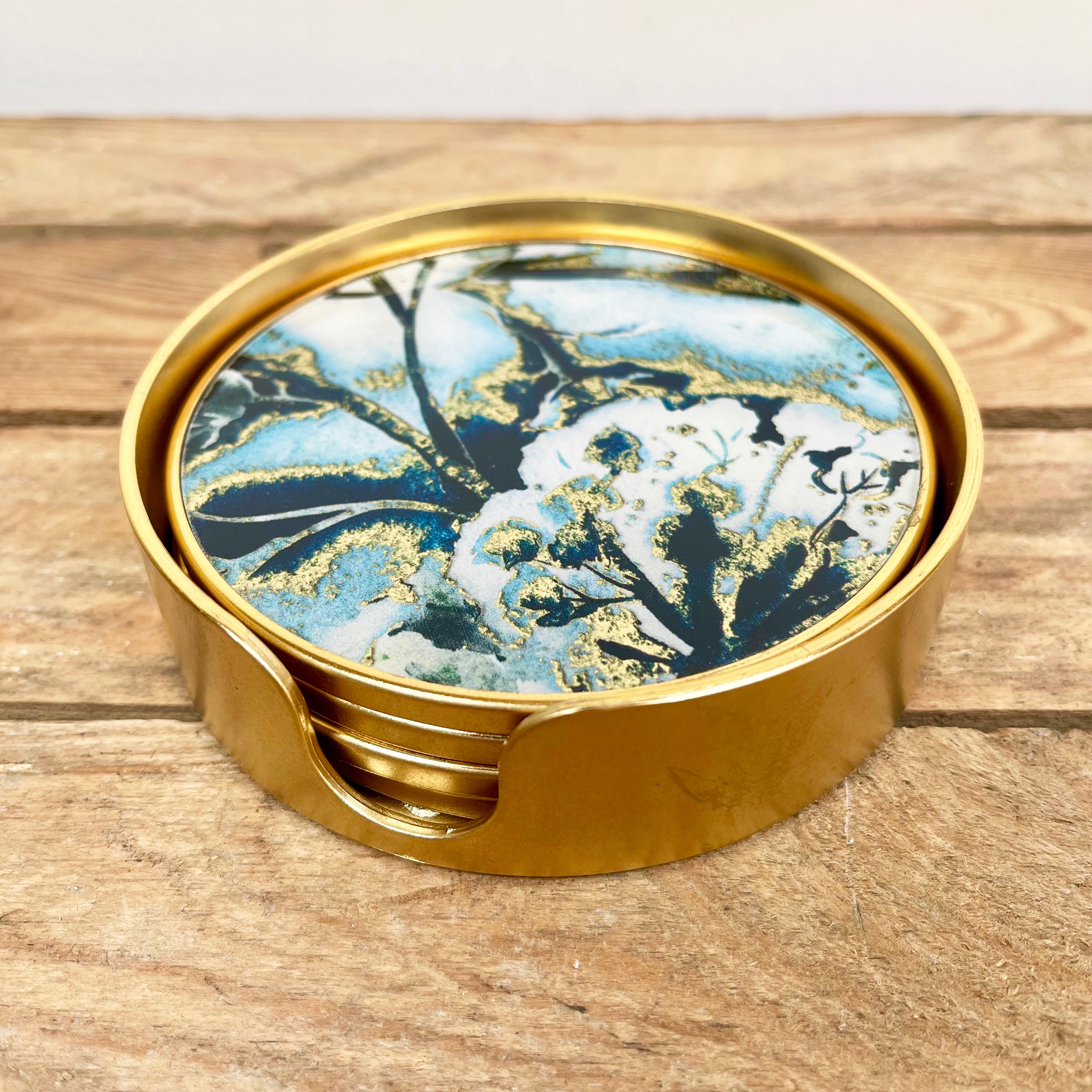 4x Blue & Gold Flower Glass Round Coaster Set