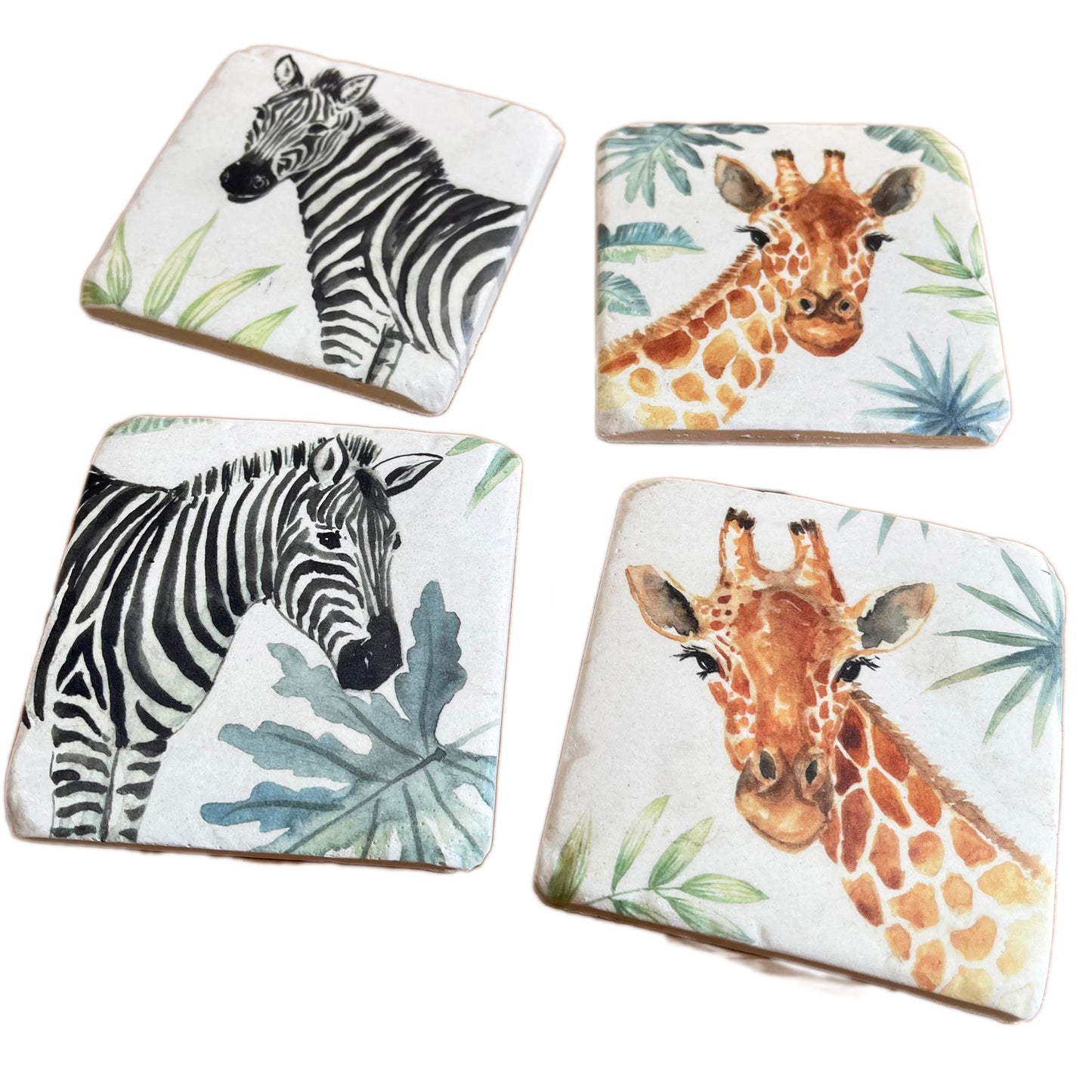 Set Of 4 Giraffe & Zebra Safari Coasters