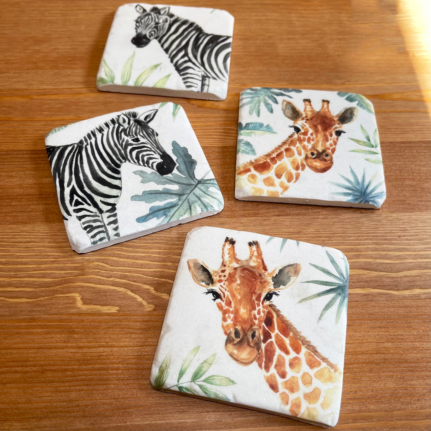 Set Of 4 Giraffe & Zebra Safari Coasters