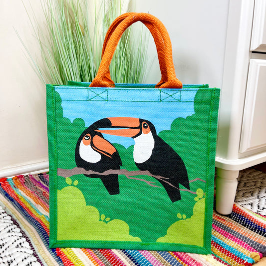 Toucan Couple Jute Hessian Eco Friendly Einkaufstasche