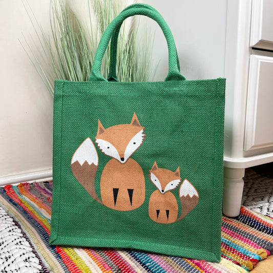 Brown Fox & Cub Green Jute Hessian Shopping Bag