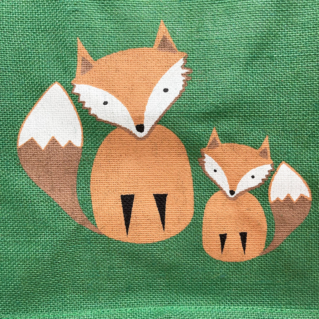 Brown Fox & Cub Green Jute Hessian Shopping Bag