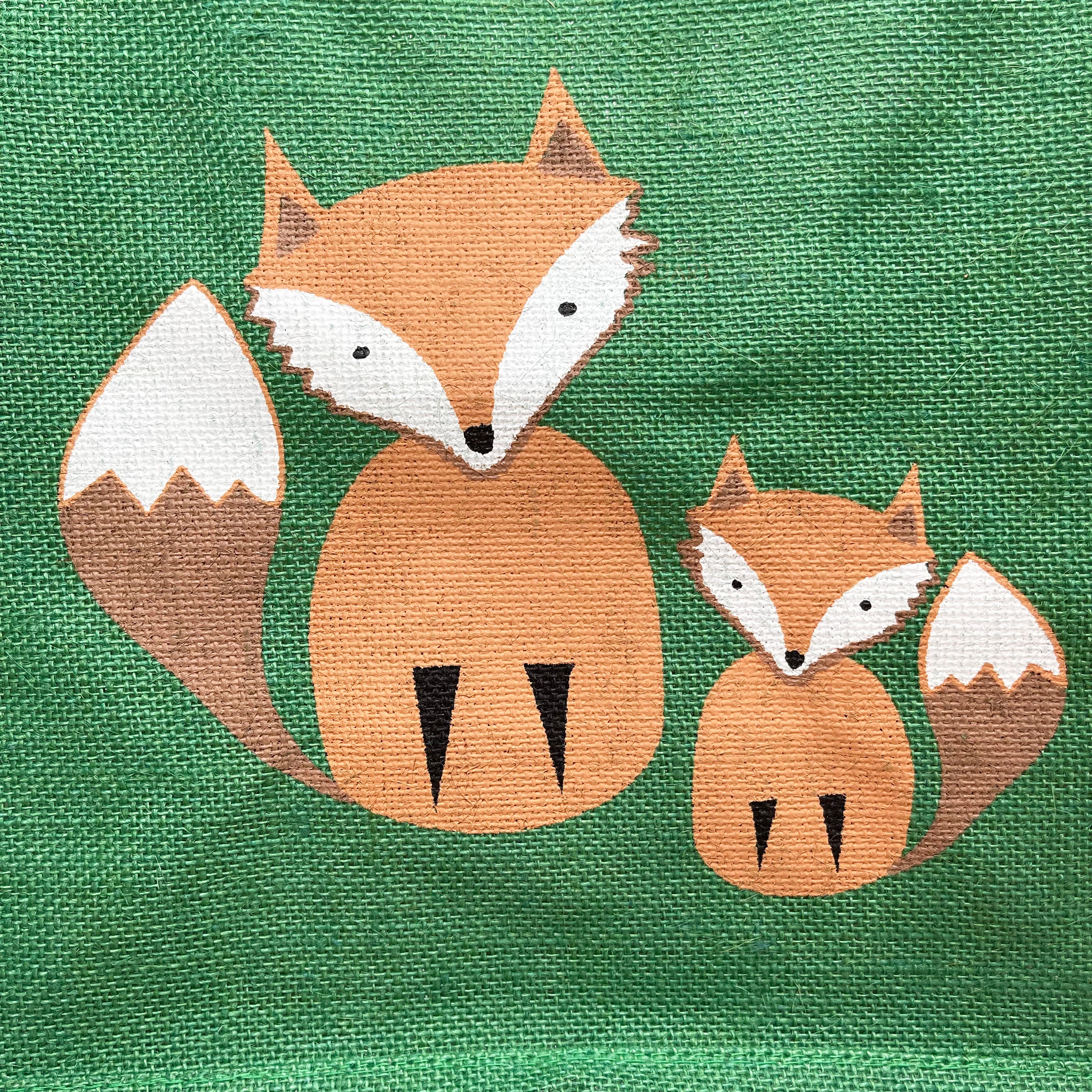 Brown Fox & Cub Green Jute Hessian Shopping Bag