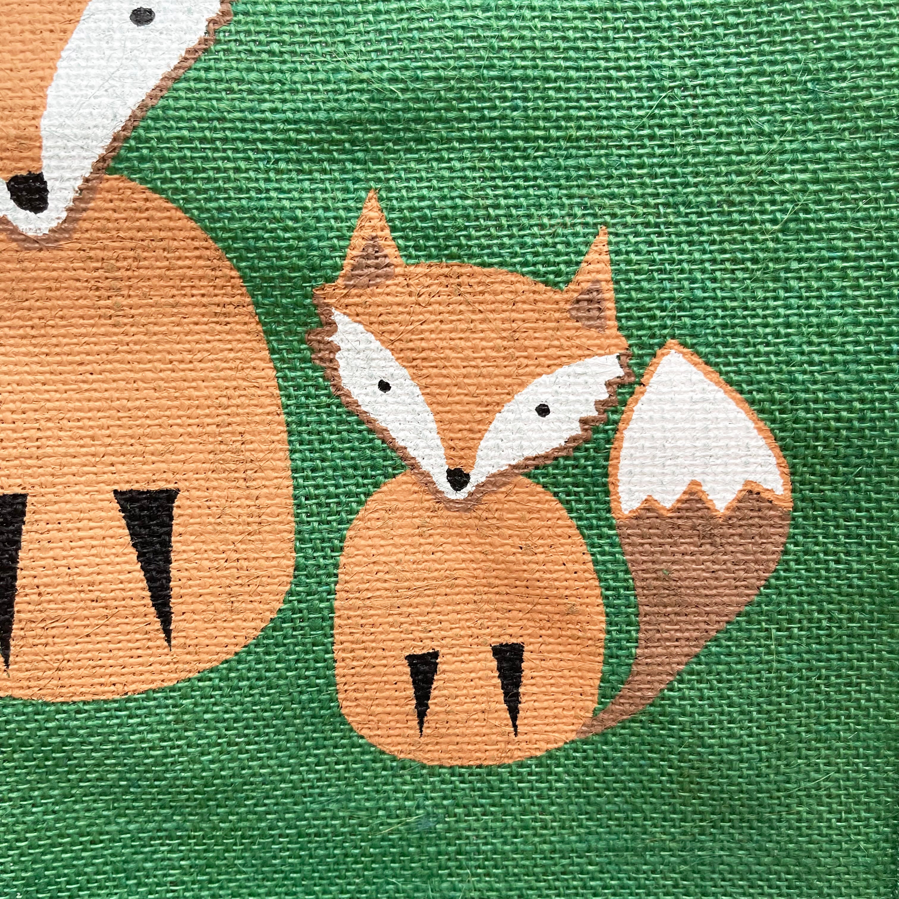 Brown Fox & Cub Green Jute Hessian Shopping Bag
