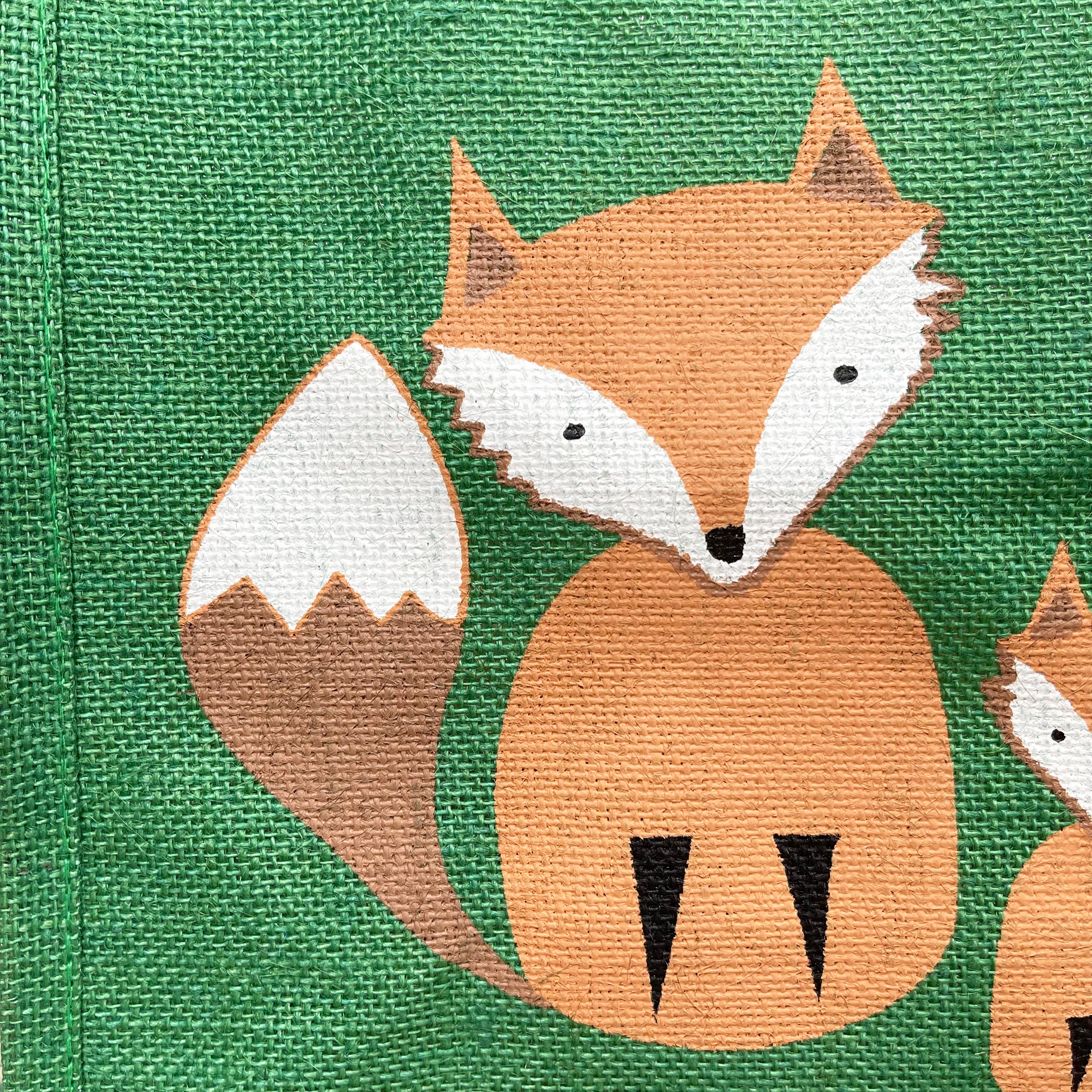Brown Fox & Cub Green Jute Hessian Shopping Bag