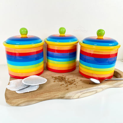 3x Rainbow Ceramic Kitchen Storage Canister Set 15cm