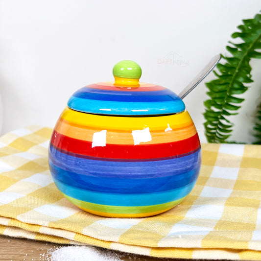 Ceramic Rainbow Striped Sugar Bowl With Lid