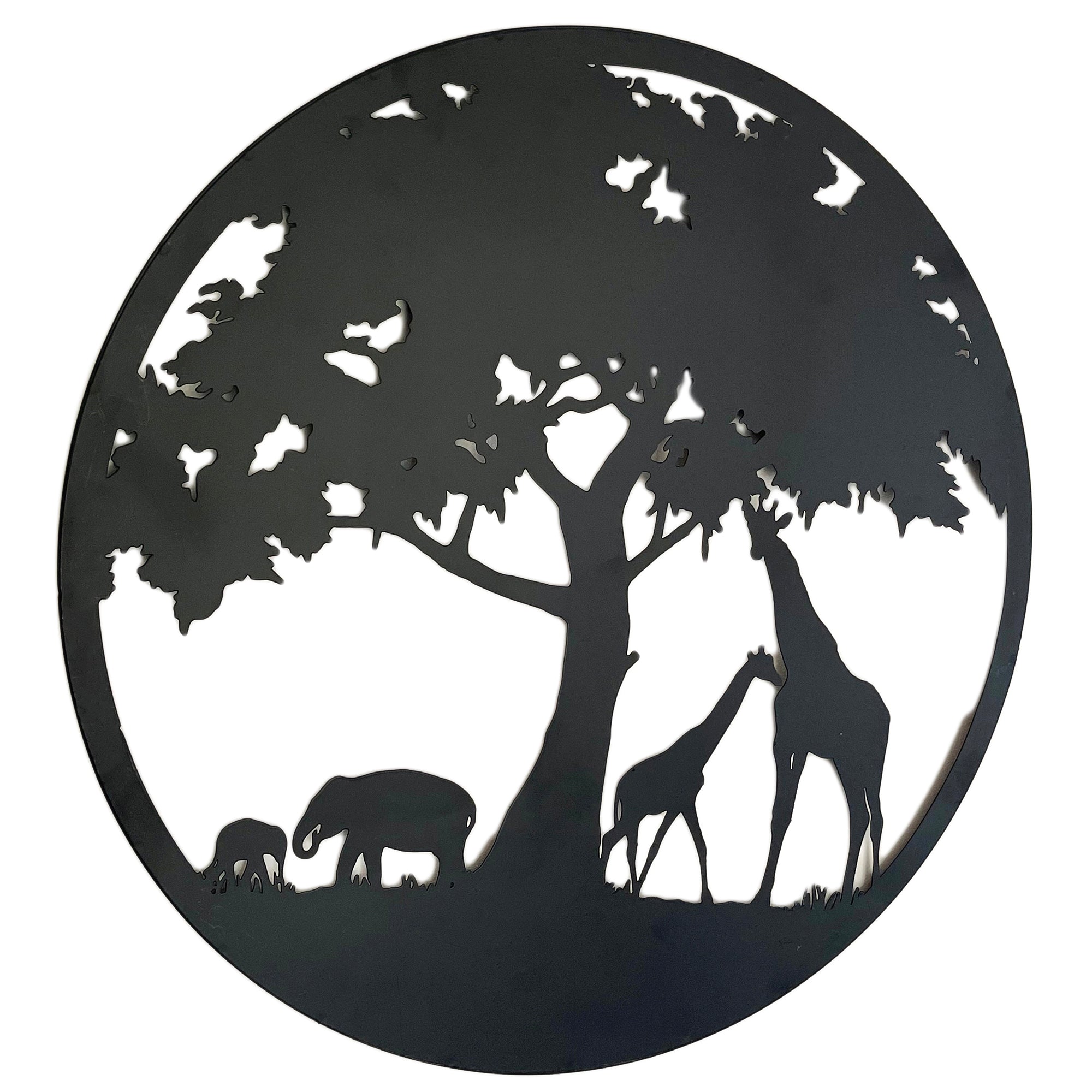 Schwarzes, rundes afrikanisches Savannen-Wandbild aus Metall, 50 cm