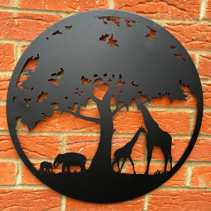 Black Metal Round African Savanna Wall Art 50cm