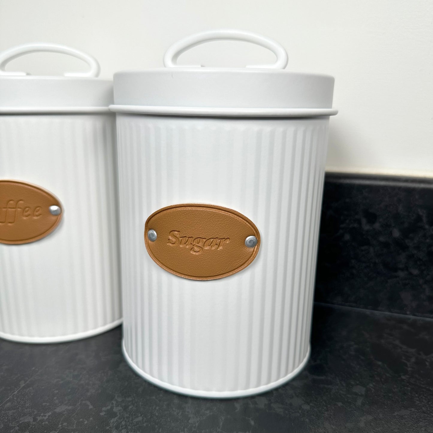 White Ribbed Tea Coffee Sugar Canisters