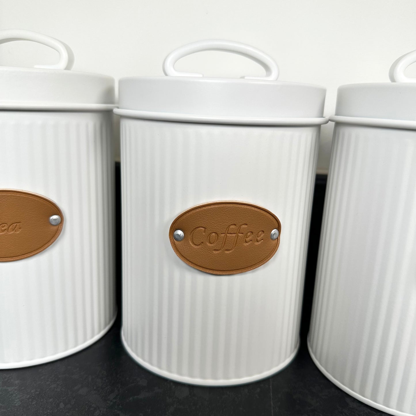 White Ribbed Tea Coffee Sugar Canisters