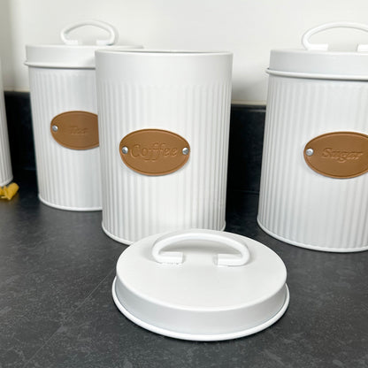 White Ribbed Tea Coffee Sugar Canisters