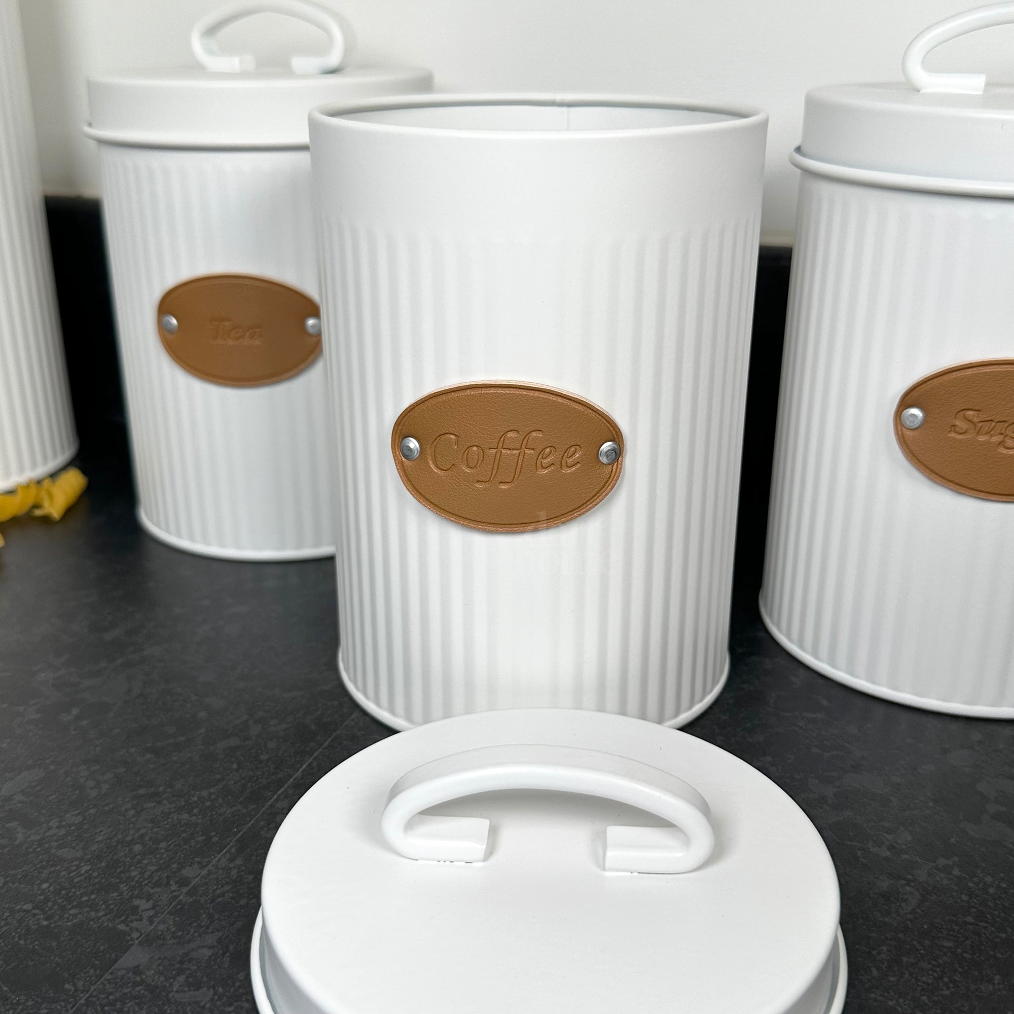 White Ribbed Tea Coffee Sugar Canisters