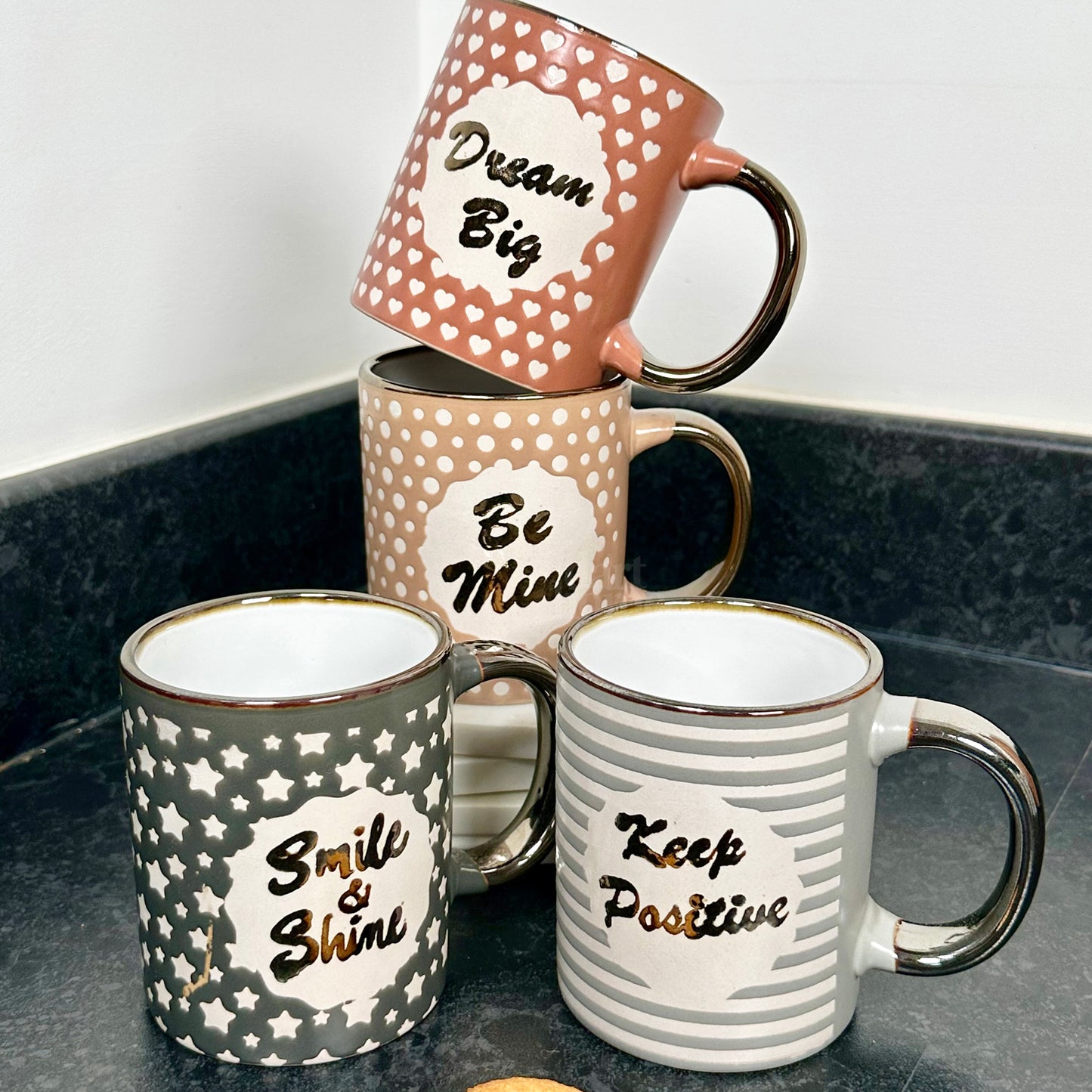 Set Of 4 Metallic Positive Slogan Mugs