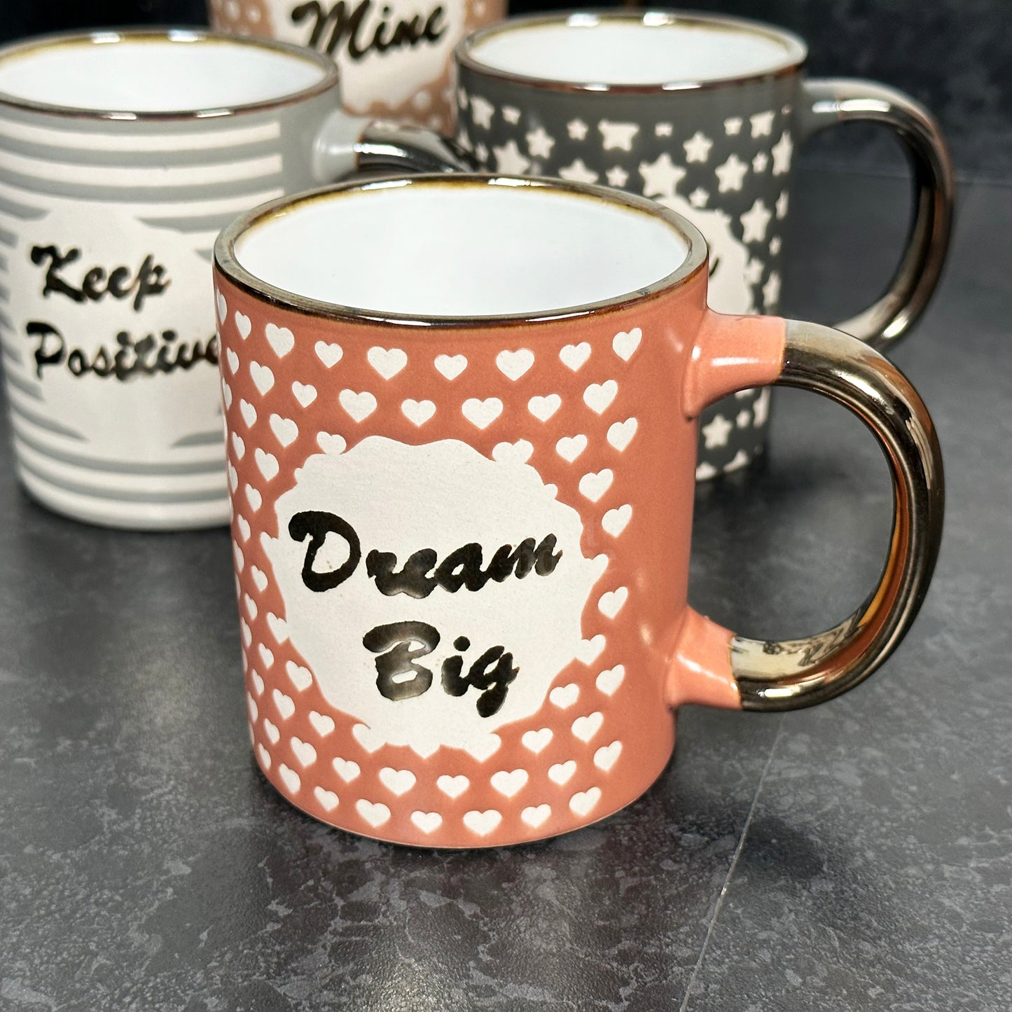 Set Of 4 Metallic Positive Slogan Mugs