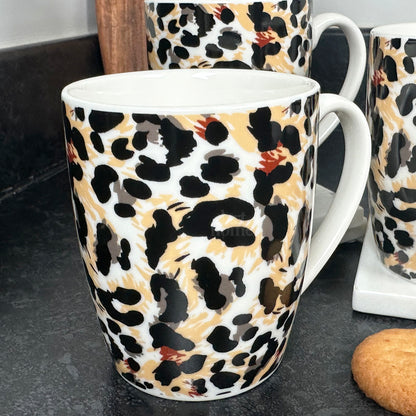 Set Of 4 Leopard Print 330ml Mugs