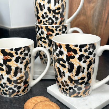 Set Of 4 Leopard Print 330ml Mugs