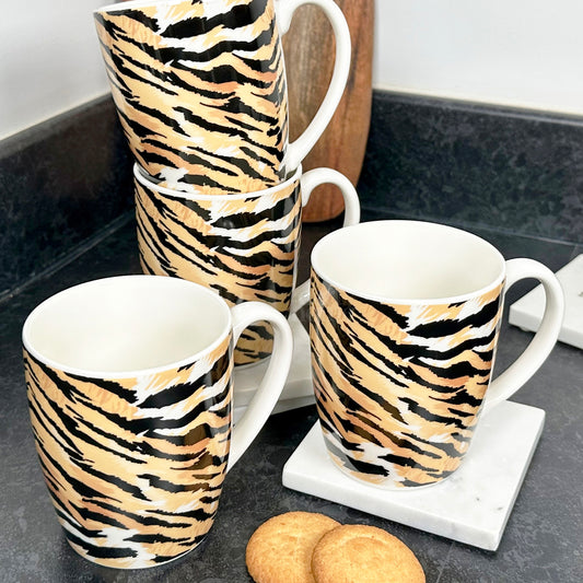 Set Of 4 Tiger Print 330ml Mugs